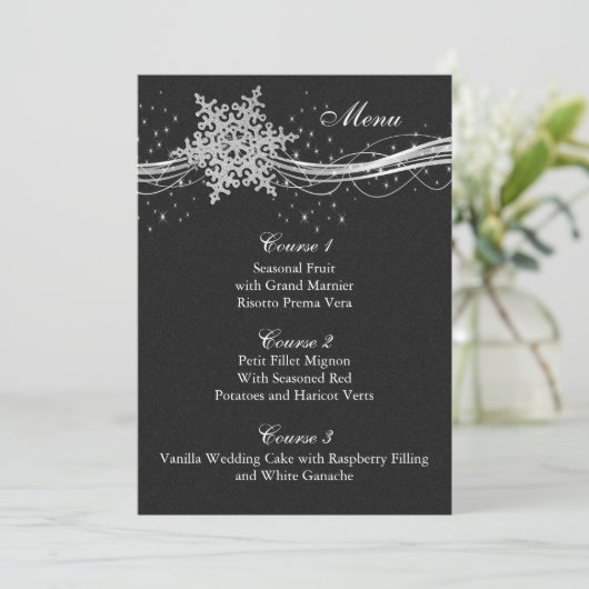 Zwart Zilver Sneeuwvlokken Winter bruiloft menu ka (Staand voorkant)