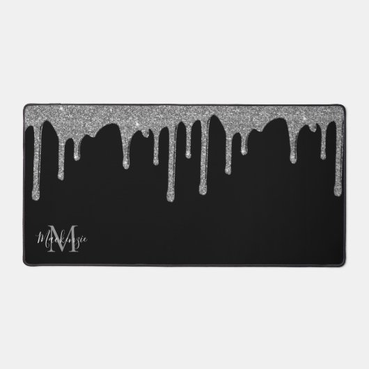 Zwart Zilver Sparkle Glitter Drips Monogram Bureaumat (Voorkant)