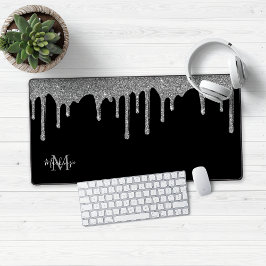 Zwart Zilver Sparkle Glitter Drips Monogram Bureaumat