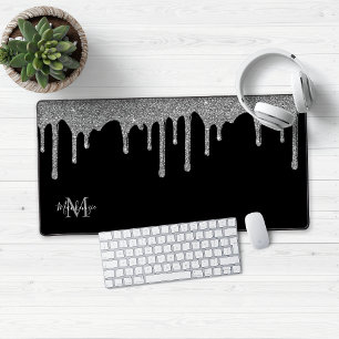 Zwart Zilver Sparkle Glitter Drips Monogram Bureaumat