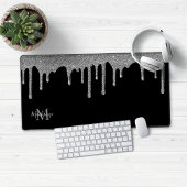 Zwart Zilver Sparkle Glitter Drips Monogram Bureaumat