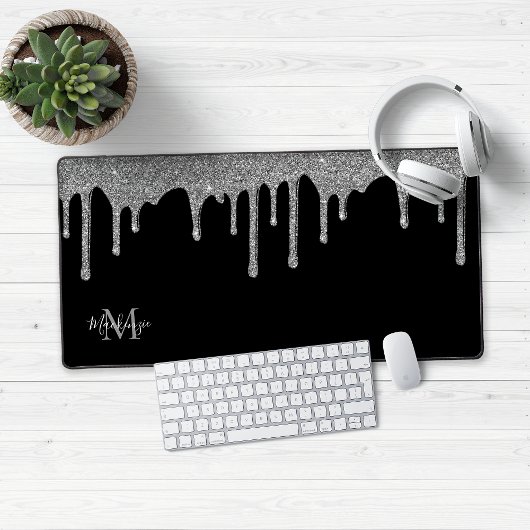 Zwart Zilver Sparkle Glitter Drips Monogram Bureaumat