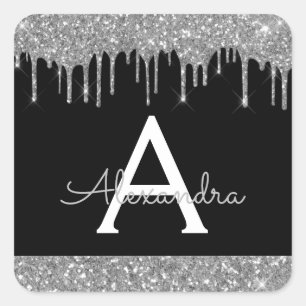 Zwart Zilver Sparkle Glitter Monogram Vierkante Sticker
