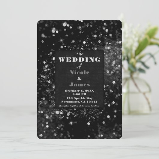 Zwart & Zilver Sparkling Lights Glam Wedding Kaart (Staand voorkant)