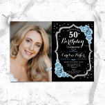 Zwart Zilver Stoffig Blauw Foto 50e Verjaardag Kaart<br><div class="desc">Elegante bloemenuitnodiging voor de 50e verjaardag met uw foto. Glam zwart stoffig lichtblauw design met faux glitter zilver. Beschikt over blauwe rozen, scriptlettertype en confetti. Perfect voor een stijlvol volwassen feestje. Personaliseer met je eigen gegevens. Kan voor om het even welke leeftijd worden aangepast! Gedrukte Zazzle-uitnodigingen of direct download digitale...</div>