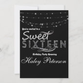 Zwart Zilver Sweet 16 Glitter Glam Party Invite Kaart (Voorkant)