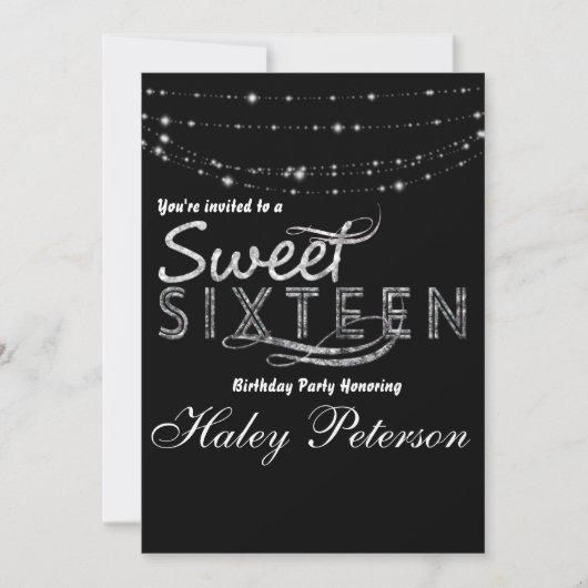 Zwart Zilver Sweet 16 Glitter Glam Party Invite Kaart (Voorkant)