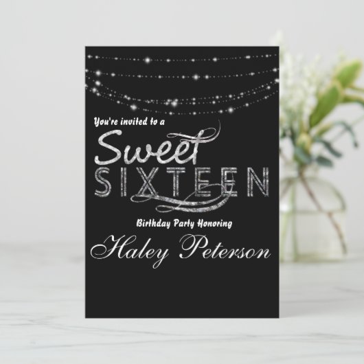 Zwart Zilver Sweet 16 Glitter Glam Party Invite Kaart (Staand voorkant)