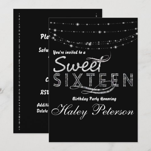 Zwart Zilver Sweet 16 Glitter Glam Party Invite Kaart (Voorkant / Achterkant)