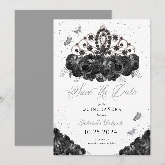 Zwart & Zilver Tiara Bewaar de datum Quinceañera Kaart (Voorkant / Achterkant)
