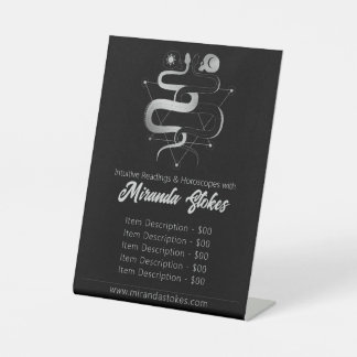 Zwart & Zilver Twin Slangen Gothic Tarot Prijslijs Reclamebord Met Voetstuk