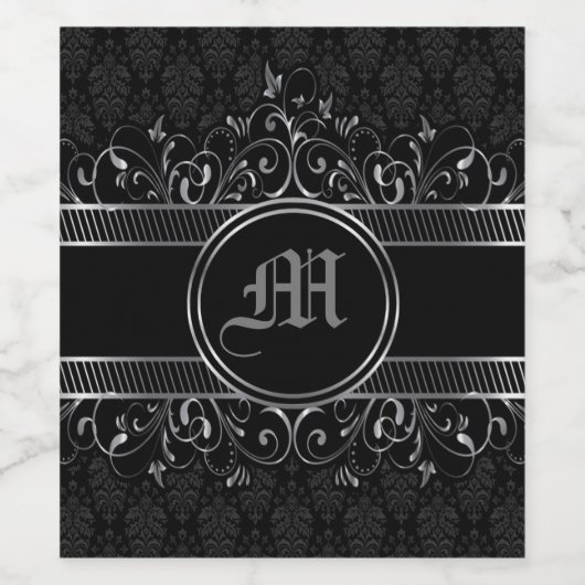Zwart & Zilver Versierd Gotisch Monogram Wijn Etiket (Enkel label)