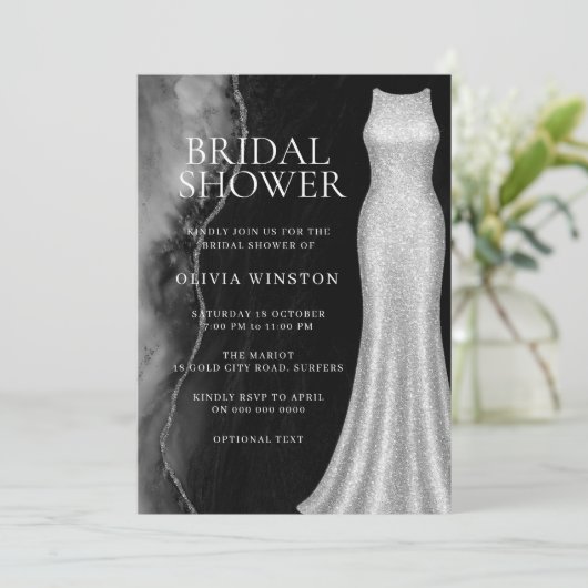 Zwart & Zilver Vintage Elegante Bruidsdouche Kaart (Staand voorkant)