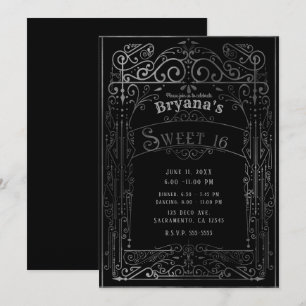 Zwart & Zilver Vintage Victoriaanse Deco Sweet 16 Kaart
