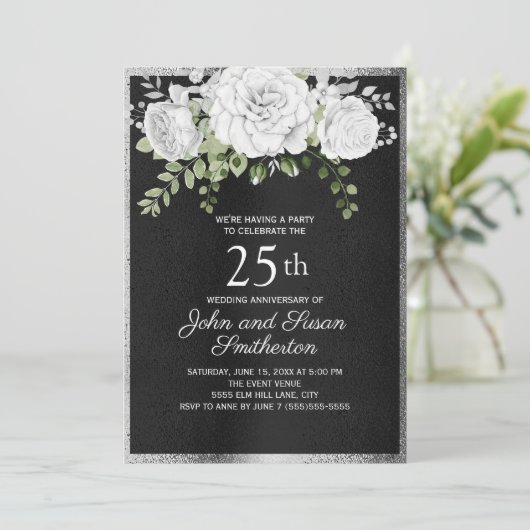 Zwart Zilver Wit Bloemig 25 Jaar Getrouwd Kaart (Staand voorkant)