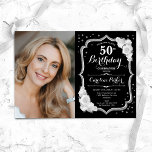 Zwart Zilver Wit Foto 50e Verjaardag Kaart<br><div class="desc">Elegante 50ste verjaardag uitnodiging met uw foto. Glam zwart wit ontwerp met faux glitter zilver. Beschikt over witte rozen, script lettertype en confetti. Perfect voor een stijlvol volwassen feestje. Personaliseer met je eigen gegevens. Kan voor om het even welke leeftijd worden aangepast! Gedrukte Zazzle-uitnodigingen of direct download digitale afdrukbare sjabloon....</div>
