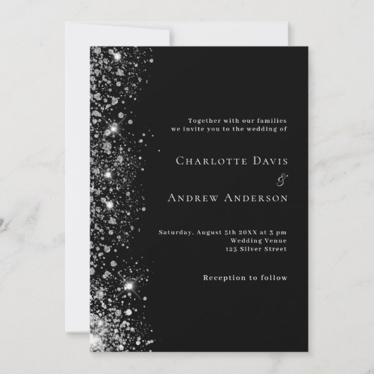Zwart zilver wit glitter luxe bruiloft kaart (Voorkant)