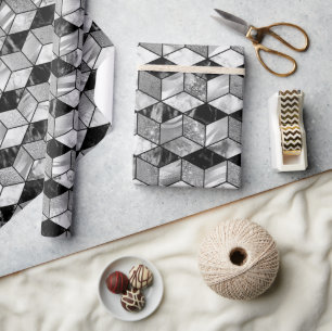 Zwart, Zilver & Wit Marmeren Geometrische Textuur Cadeaupapier