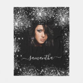 Zwart zilveren aangepaste fotoglitter-monogram fleece deken (Voorkant)