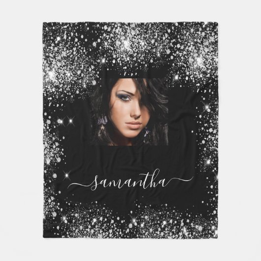 Zwart zilveren aangepaste fotoglitter-monogram fleece deken (Voorkant)