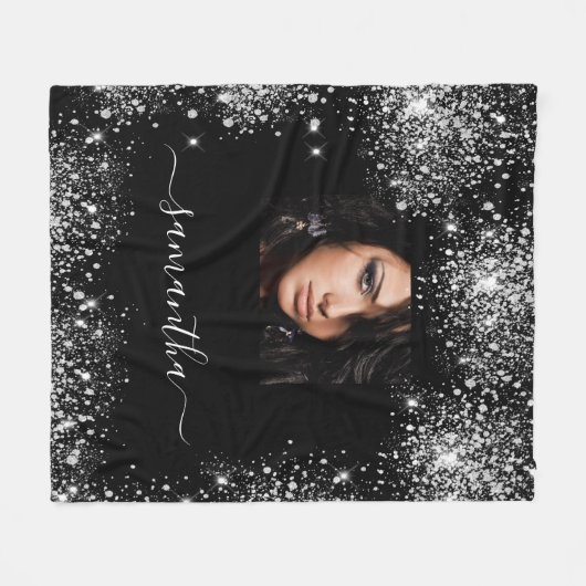 Zwart zilveren aangepaste fotoglitter-monogram fleece deken (Voorkant (Horizontaal))
