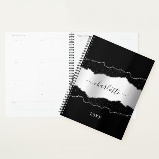 Zwart zilveren agaat marmeren glitter naam script  planner (Display)