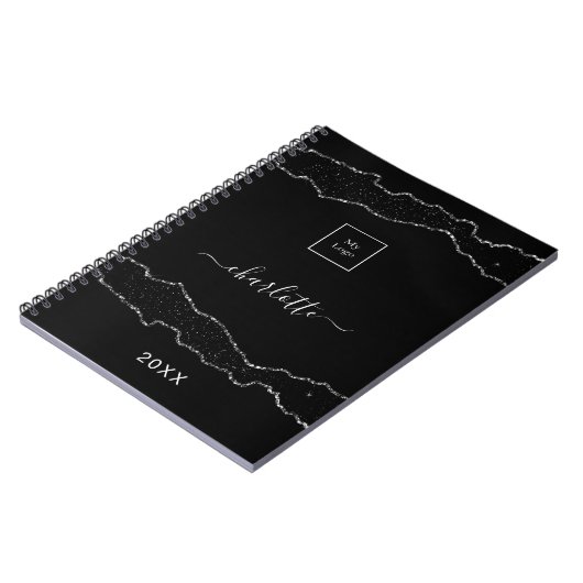 Zwart zilveren agaat marmeren zakelijk logo notitieboek (Linkerzijde)