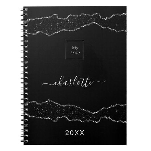 Zwart zilveren agaat marmeren zakelijk logo notitieboek (Voorkant)