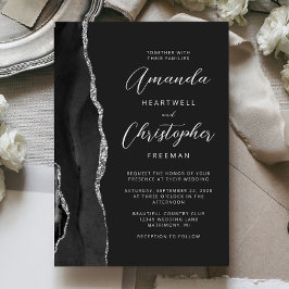Zwart zilveren agaat modern script bruiloft kaart