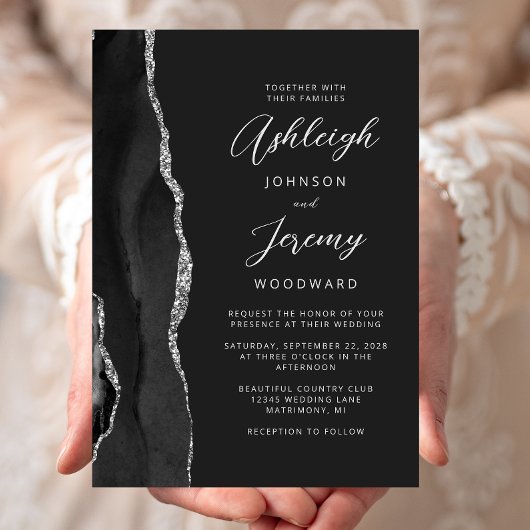 Zwart zilveren agaat modern script bruiloft kaart