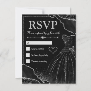 Zwart & Zilveren Agate & Zwarte Jurk Sweet 16 RSVP Kaartje