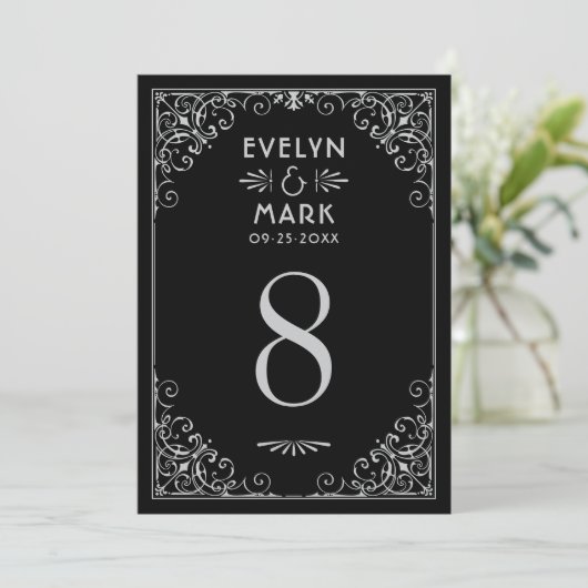  zwart, zilveren Art Deco Wedding Table Number Kaart (Staand voorkant)