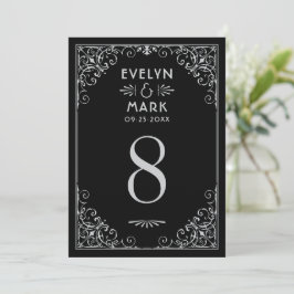  zwart, zilveren Art Deco Wedding Table Number Kaart