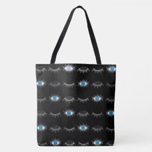 Zwart & Zilveren Blauw Evil Eye Wimpers Nazar Mati Tote Bag