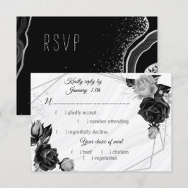 Zwart & Zilveren Bloemen Maaltijden Keuze RSVP Kaartje