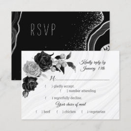 Zwart & Zilveren Bloemen Maaltijden Keuze RSVP Kaartje