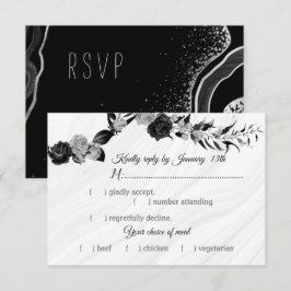 Zwart & Zilveren Bloemen Maaltijden Keuze RSVP Kaartje