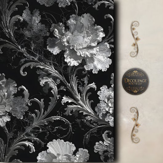 Zwart Zilveren Botanische Decoupage Tissuepapier
