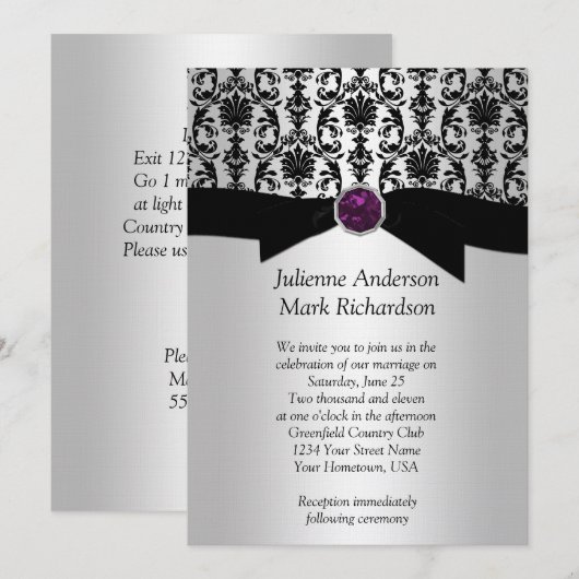 Zwart Zilveren Damast Paarse Juweel Trouw Uitnodig Kaart (Voorkant / Achterkant)