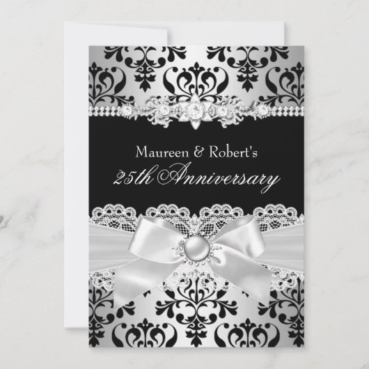 Zwart Zilveren Damast Parel Boog 25e Verjaardag Kaart (Voorkant)