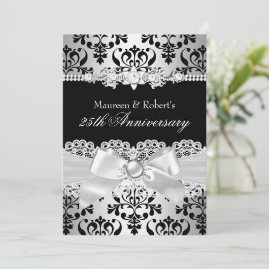 Zwart Zilveren Damast Parel Boog 25e Verjaardag Kaart (Staand voorkant)