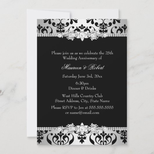 Zwart Zilveren Damast Parel Boog 25e Verjaardag Kaart (Achterkant)