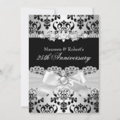Zwart Zilveren Damast Parel Boog 25ste Jubileum Kaart (Voorkant)