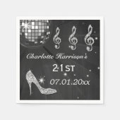 Zwart/Zilveren Disco Ball en Sparkle Heels 21st Servetten (Voorkant)
