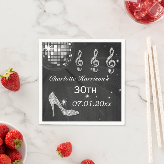 Zwart/Zilveren Disco Ball en Sparkle Heels 30th Servetten (Insitu)