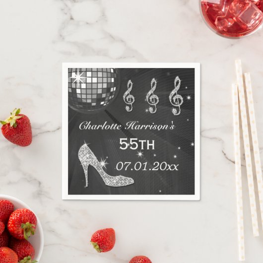 Zwart/Zilveren Discobal en Sparkle Heels 55e Servetten (Insitu)