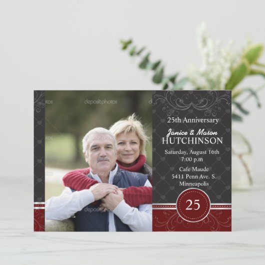 Zwart zilveren elegantie - 25 jaar getrouwd kaart (Staand voorkant)