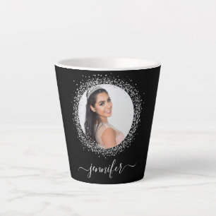 Zwart zilveren fotoglitter-naamscript latte mok