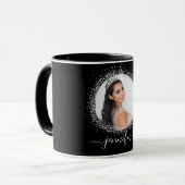 Zwart zilveren fotoglitter-naamscript mok (Voorkant links)