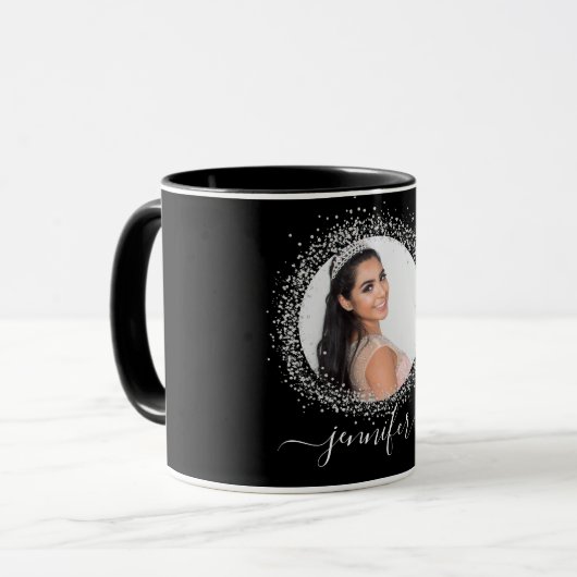 Zwart zilveren fotoglitter-naamscript mok (Voorkant links)